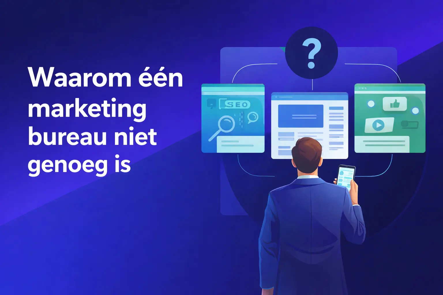 Illustratie van ondernemer met meerdere marketingdiensten zoals SEO en webdesign op blauwe achtergrond.